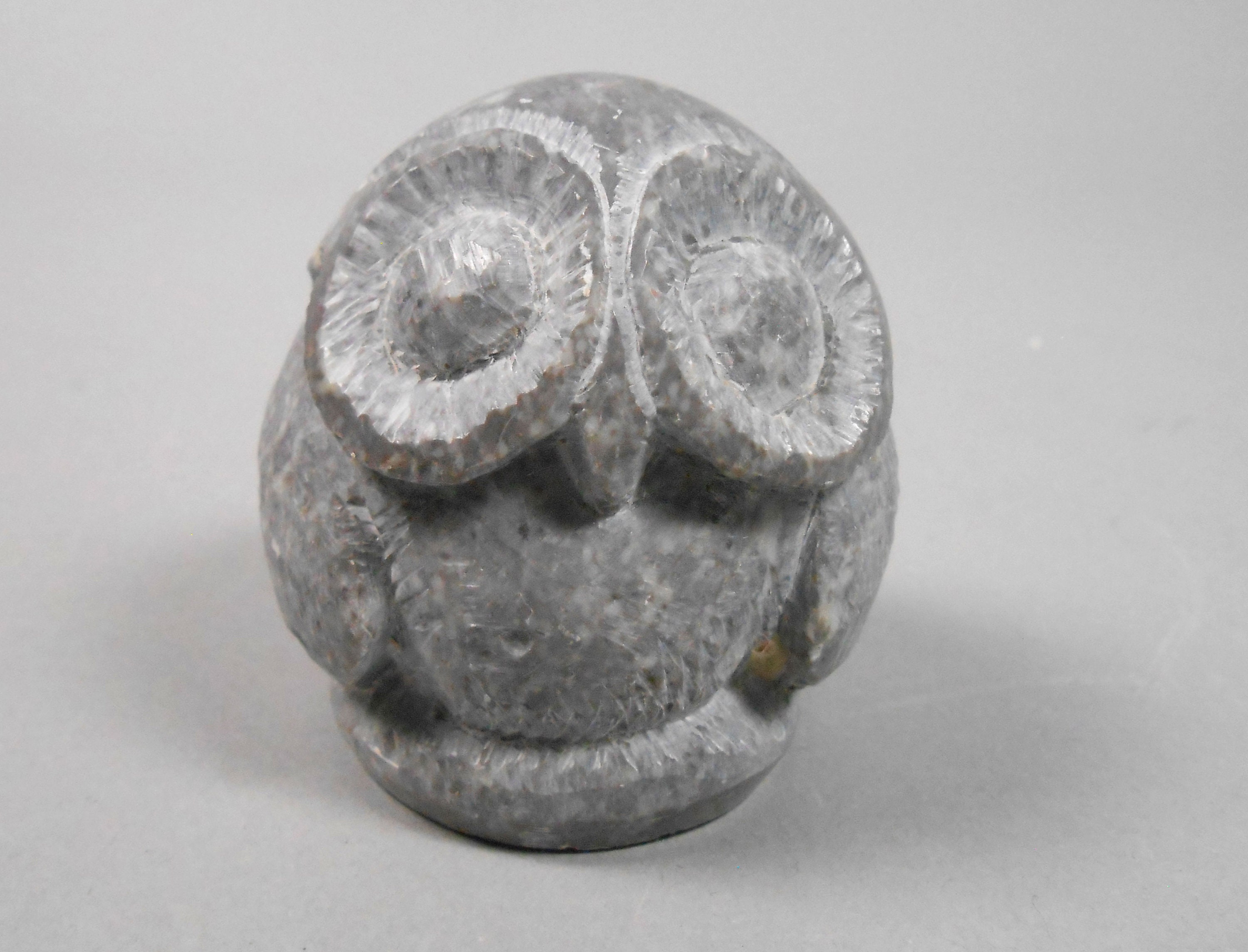 Carved Grey Stone Owl Round Paperweight Heavy Figurine