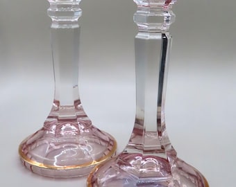 Same Cristallerie Italy 24% Lead Crystal Candlesticks Pair 8.5" Tall Pink & Gold