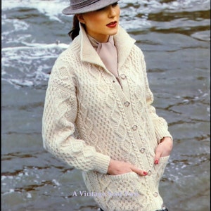 Ladies Aran 10 ply Long collared jacket with pockets   32- 41 ins -  PDF of  Vintage Unisex Knitting Patterns Instant Download