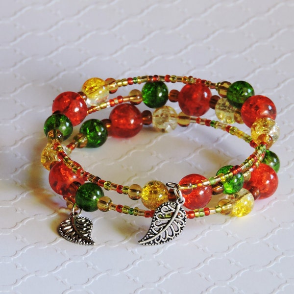 Autumn Bracelet, Thanksgiving Jewelry, Harvest Celebration Bracelet, Falling Leaves Bracelet, Red Yellow Green Bracelet, Fall Colors Jewelry