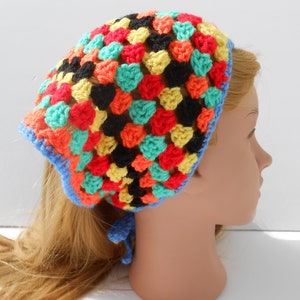 Rainbow Bandana scarf crochet neckerchief hair scarf colourful retro striped hair wrap. Summer beach head cover, crochet headband for teens