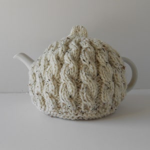 Hand knitted Tea Cozy, Aran teapot cosy, Irish wool teapot cover, Handmade Gift from Ireland, Cable knit cosies image 1