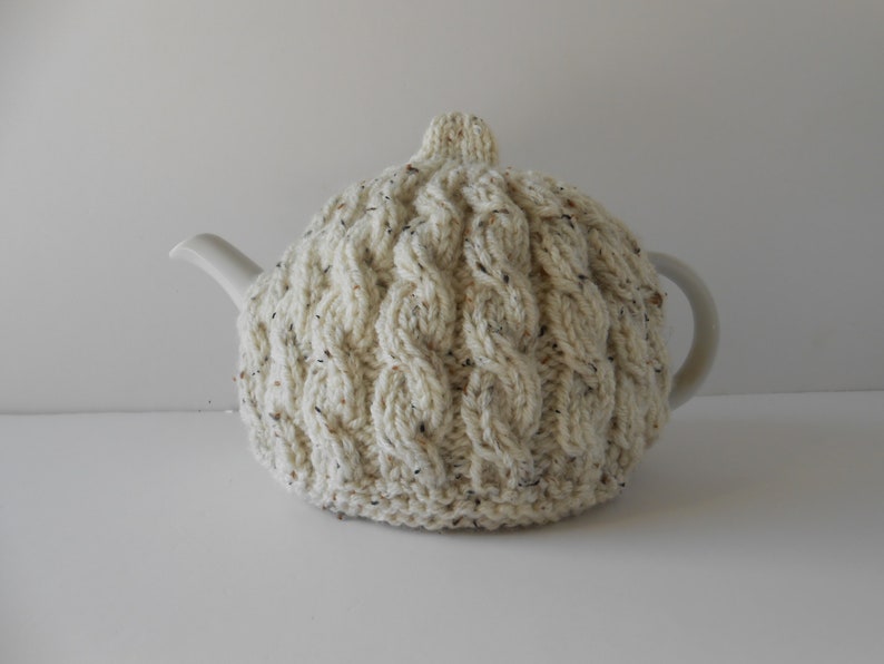 Hand knitted Tea Cozy, Aran teapot cosy, Irish wool teapot cover, Handmade Gift from Ireland, Cable knit cosies image 1