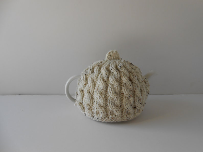 Hand knitted Tea Cozy, Aran teapot cosy, Irish wool teapot cover, Handmade Gift from Ireland, Cable knit cosies image 3