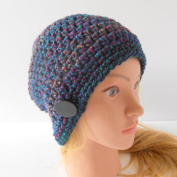 Chapeau de bonnet au crochet. Tam slouchy moderne pour femme, cadeau pour son chapeau surdimensionné avec bouton, chapeau en tricot irlandais