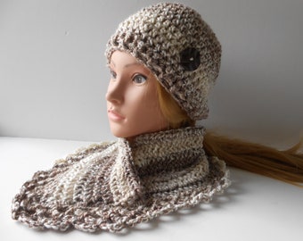 Hat and scarf set, Crocheted hat and matching cowl. Hat with flower and neck scarf. Birthday gift for women, Knitted hat and scarf