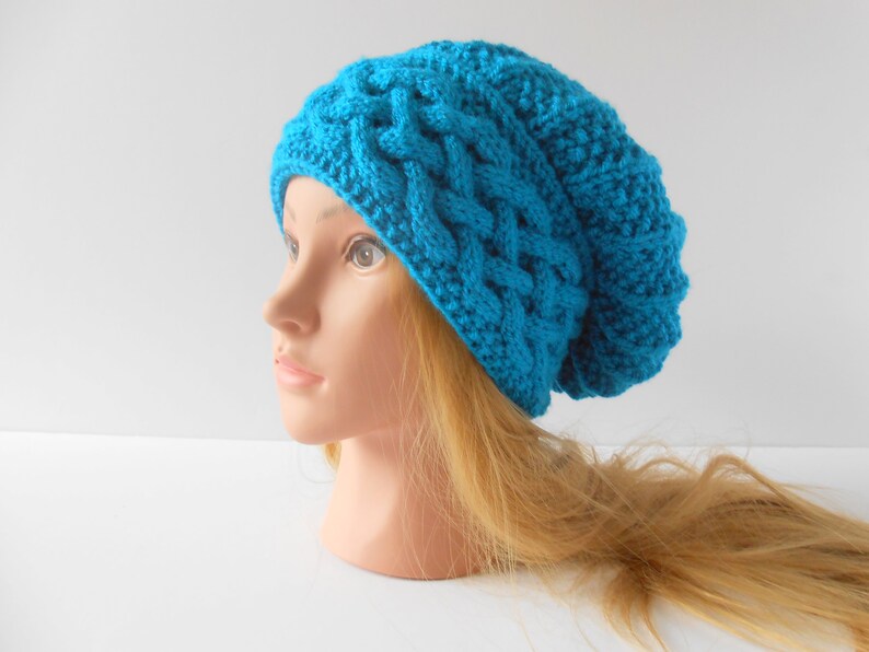 Celtic cable baggy beanie Teal slouch hat hand knit beret hat for women Christmas gift for wife Irish knit hats