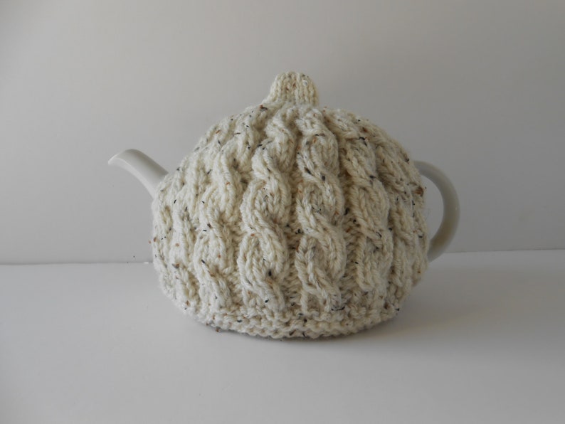 Hand knitted Tea Cozy, Aran teapot cosy, Irish wool teapot cover, Handmade Gift from Ireland, Cable knit cosies image 7