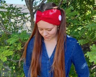 Crochet mushroom headband, toadstool Head band, fly agaric headband. Turban style hair band. Red and white earband,  top knot ear warmer,