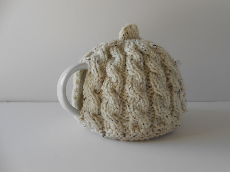 Hand knitted Tea Cozy, Aran teapot cosy, Irish wool teapot cover, Handmade Gift from Ireland, Cable knit cosies image 5