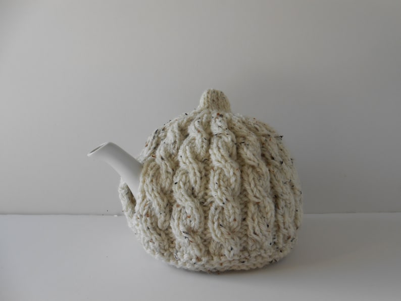 Hand knitted Tea Cozy, Aran teapot cosy, Irish wool teapot cover, Handmade Gift from Ireland, Cable knit cosies image 2