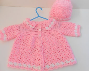 Baby sweater and  hat set. Crocheted matinee coat, crochet baby hat. baby girl shower gift, cardigan and hat set,