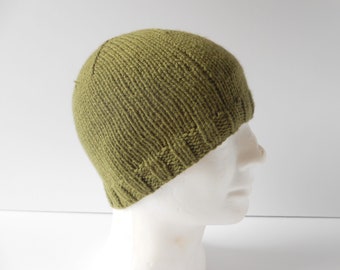 Men's Beanie Hat. Hand knit hats for men. Gifts for Boyfriend. Knitted  skull cap in army green. Fitted classic style beanie. Irish knit hat