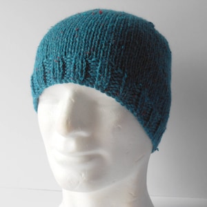 May include: A teal blue knitted beanie with red flecks throughout the fabric. The beanie is on a white mannequin head.