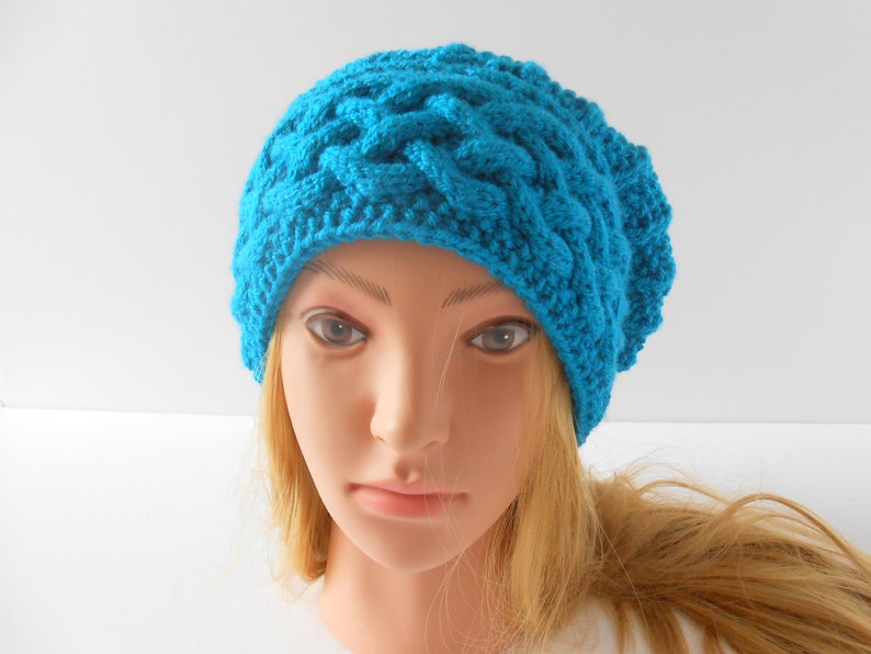 Celtic cable baggy beanie Teal slouch hat hand knit beret hat for women Christmas gift for wife Irish knit hats
