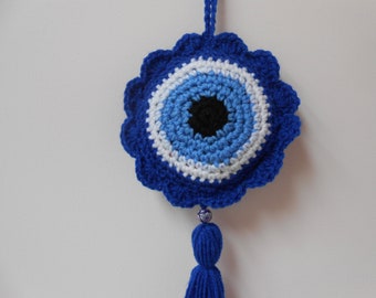 Evil eye wall hanging, Evil eye protection amulet, Wall Art crochet, House warming gift, Bohemian Decor,  Good luck gift for her.