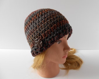 Crochet Beanie hat for women cloche hat with button vegan gift. Christmas gift for her. Irish crochet hats. Autumn spring accessories
