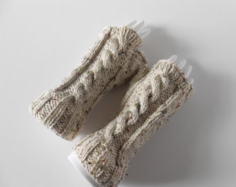 Cabled fingerless gloves. Outlander inspired gloves, Hand knit cable wrist warmers. Texting gloves. Ready to ship gift from Ireland