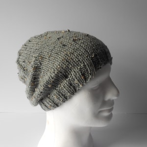 Gray Slouchy beanie, Teen men&#39;s gift, Knit beanie hat, Knitted slouch hat, Men&#39;s Gray Hat, Beanies for Men, ready to ship Irish knit hat