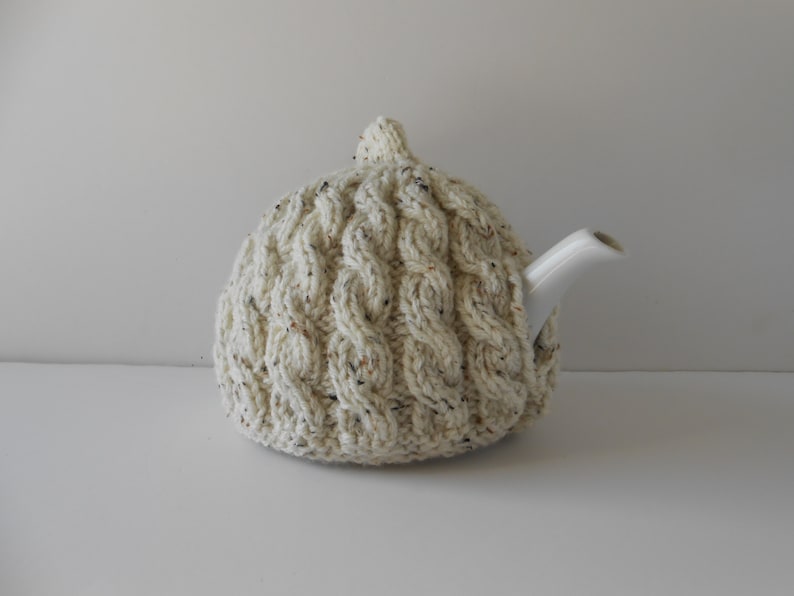 Hand knitted Tea Cozy, Aran teapot cosy, Irish wool teapot cover, Handmade Gift from Ireland, Cable knit cosies image 4