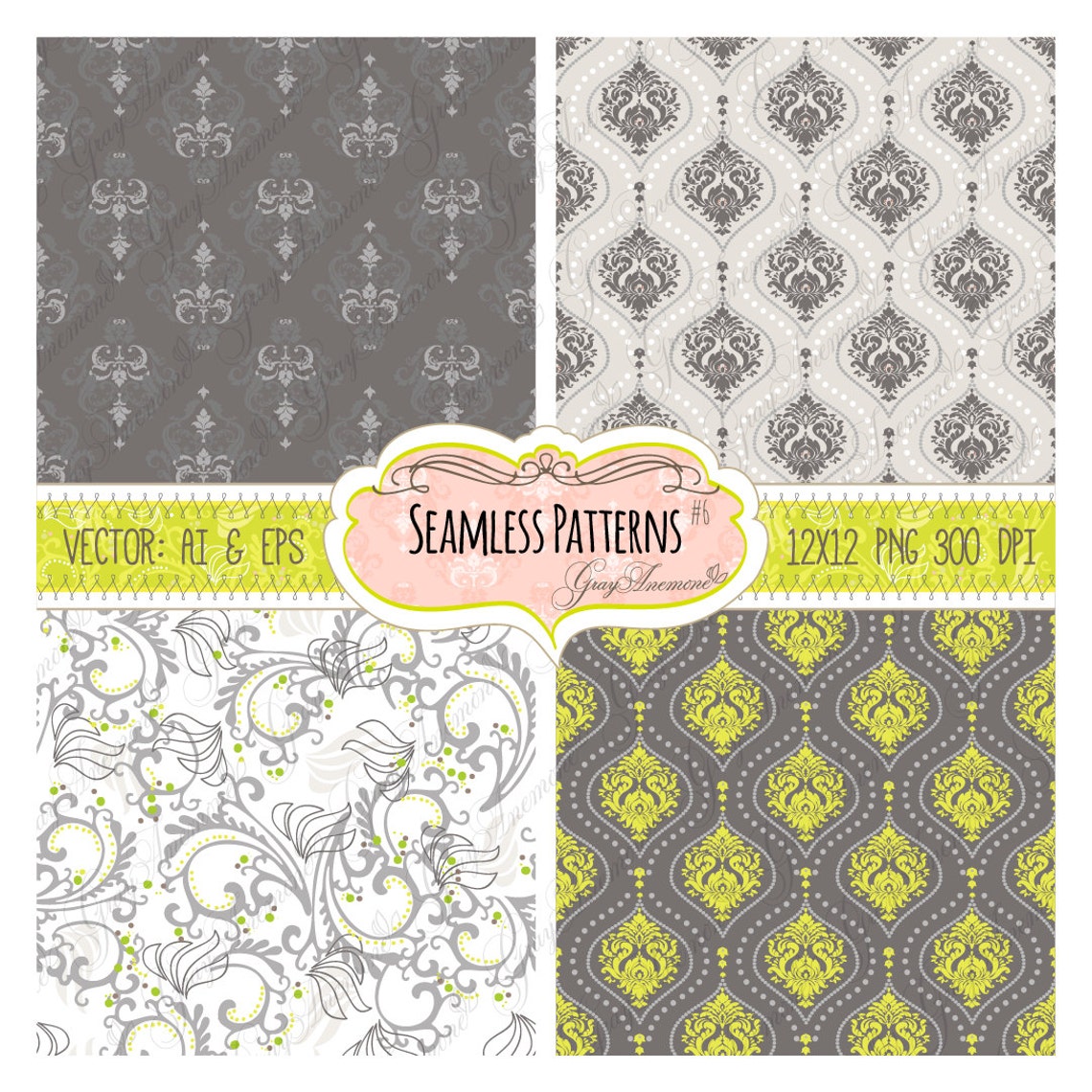 Seamless Patterns 6 Gray and Yellow Damask Vector Files EPS 10 & AI