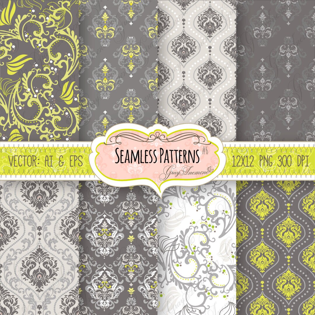Seamless Patterns 6 Gray and Yellow Damask Vector Files EPS 10 & AI