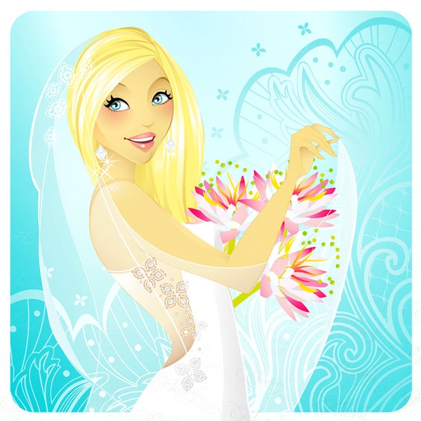 Lovely Bride #2 :  Blonde Bride on Lacy Blue Background.  Vector Illustration (includes AI 10, EPS 10 and PNG)