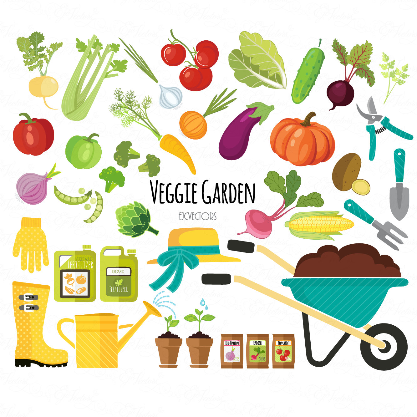 Veggie Garden Icon Set PNG Cliparts on Transparent Background, EPS and