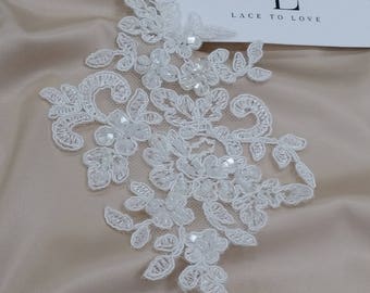 Ivory Lace applique, Beaded lace applique, French Chantilly lace applique, 3D lace, bridal lace applique, M0024