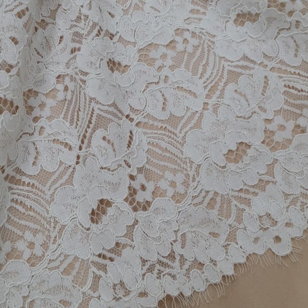 Off white lace fabric French Lace Alencon Lace Lingerie Wedding Dress Lace White Lace Embroidered Mantilla Veil Lace Scalloped lace L882015