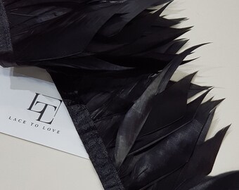Black goose feather fringe, feather trimming with ribbon, natural goose hair feather, feather decoration MC027