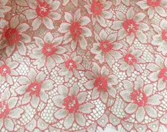 Pink with beige lace fabric with cord, French lace, Chantilly lace, Bridal lace, Wedding lace, Scalloped Floral lace Lingerie LL76991