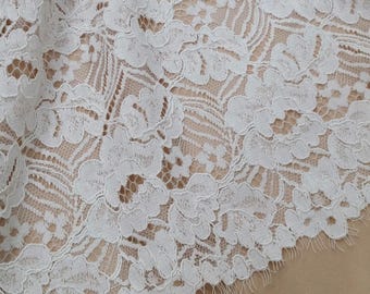 Off white lace fabric French Lace Alencon Lace Lingerie Wedding Dress Lace White Lace Embroidered Mantilla Veil Lace Scalloped lace L882015