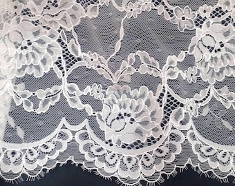 Ivory lace fabric Chantilly Lace, French Lace Bridal lace Wedding Lace White Lace Veil lace Scalloped Eyelash lace Lingerie Lace LL66561