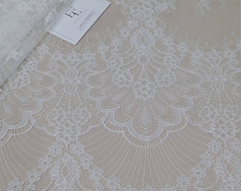 Ivory lace fabric by the yard, French Chantilly Lace, Embroidered eyelash lace, Bridal lace, White Lace, Veil lace, Lingerie Lace LL32905