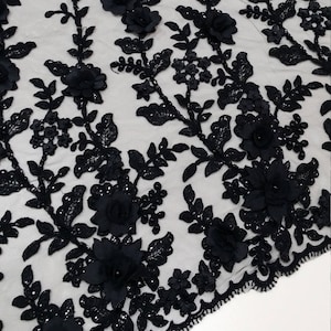 Tecido de renda preta, renda 3D, renda frisada, renda francesa, renda de noiva, renda de casamento, renda de véu, renda floral recortada, renda de lingerie EVS149CSBF