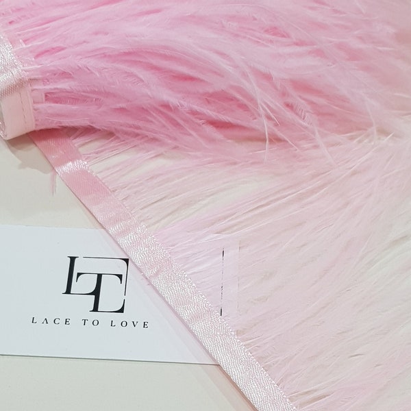 Baby pink Ostrich Feather Fringe, feather Trimming  With Ribbon, Natural Ostrich Hair Feather, feather Decoration, By the yard, MC014