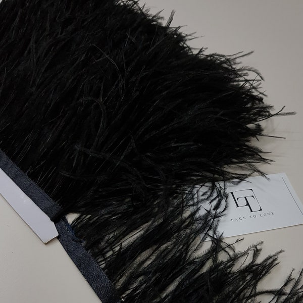 Black ostrich feather fringe, feather trimming  with ribbon, natural ostrich hair feather, feather decoration, by the yard, MC007