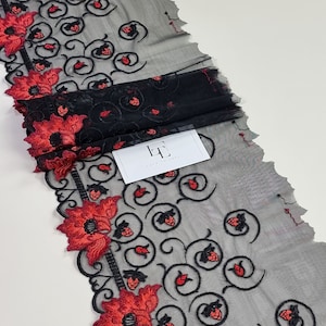 Schwarze Spitzenborte mit roten Blumen, Französische Spitzenborte, Chantillyspitze, Dessous Spitze VLX9804