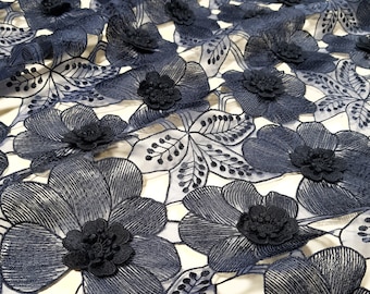 Navy blue 3D lace fabric by the yard, lace to love, embroidered 3D French lace fabric, blue bridal lace for wedding dress N20236
