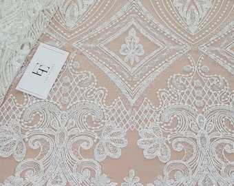 Beaded ivory geometric wedding lace fabric  embroidered bridal lace, EVS183SB