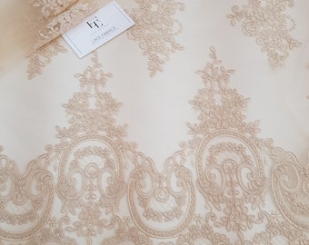 Cream lace fabric, Embroidered lace, French Lace, Wedding Lace, Bridal lace, Beige Lace, Veil lace, Lingerie Lace, Alencon Lace EVS157C