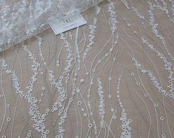 Ivory lace fabric with silver embroidery, viscose lace cloth, rayon wedding bridal lace material, white veil lace, sold per meters RK8002