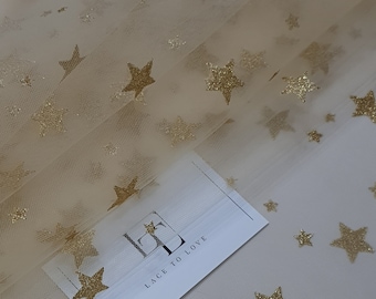 Ivory with gold stars tulle fabric, lingerie tulle fabric, evening dress tulle, - 57" (145 cm) wide - sold per meter TK9540