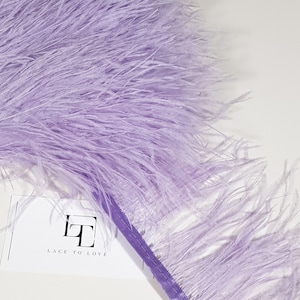 Könnte beinhalten: Nahaufnahme einer lila Straußenfederborte mit einem violetten Satinband. Die Borde ist weich und flauschig, das Band ist glatt und glänzend. Der Text "Lace to Love" ist auf einer weißen Karte sichtbar.