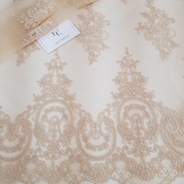 Dentelle crème, dentelle brodée, dentelle française, dentelle de mariage, dentelle de mariée, dentelle beige, dentelle de voile, dentelle de lingerie, dentelle d'Alençon EVS157C