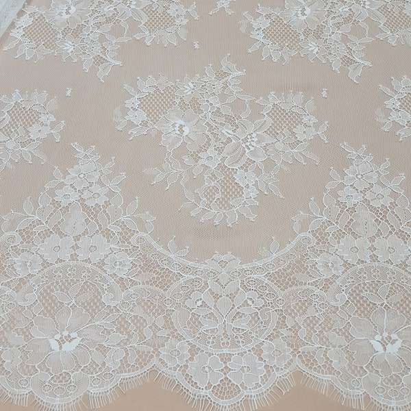 Off white lace fabric French Lace, Chantilly Lace, Bridal lace, Wedding Lace White Lace Veil lace Scalloped Floral lace Lingerie Lace LK3004