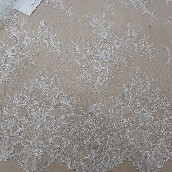 Light Ivory lace fabric, French Lace, Embroidered eyelash lace, Bridal lace, White Lace, Veil lace Lingerie Lace Chantilly Lace L83325