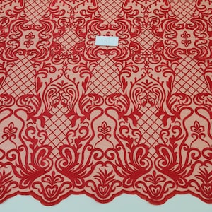 Tessuto in pizzo geometrico rosso venduto tagliato su misura, materiale in pizzo ricamato, tessuto in pizzo per velo, tessuto da sposa, venduto al metro, EVS180NC