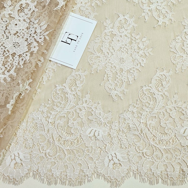 Beige lace fabric, skin color French lace, Chantilly bridal lace, wedding veil lace, scalloped eyelash lace, sold by the meter, LL50404